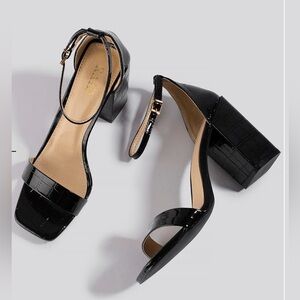 Raelynn Black Patent Square-Toe Ankle Strap Heels